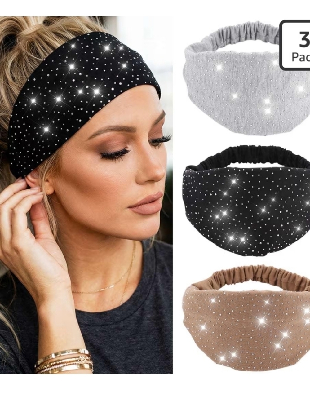 Rhinestone Wide Headband Pack - Black, Gray, Tan